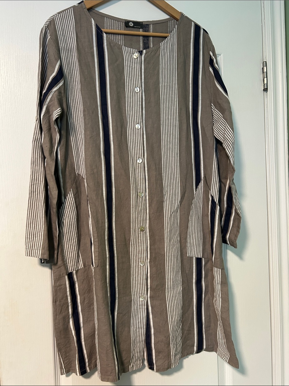 Striped Button-Front Tunic Dress in Taupe and Navy